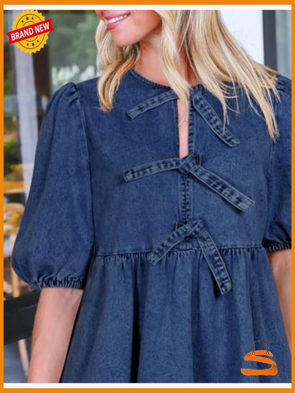 Puff Sleeve Babydoll Denim Romper Dress with Pockets - Picture 2 of 7